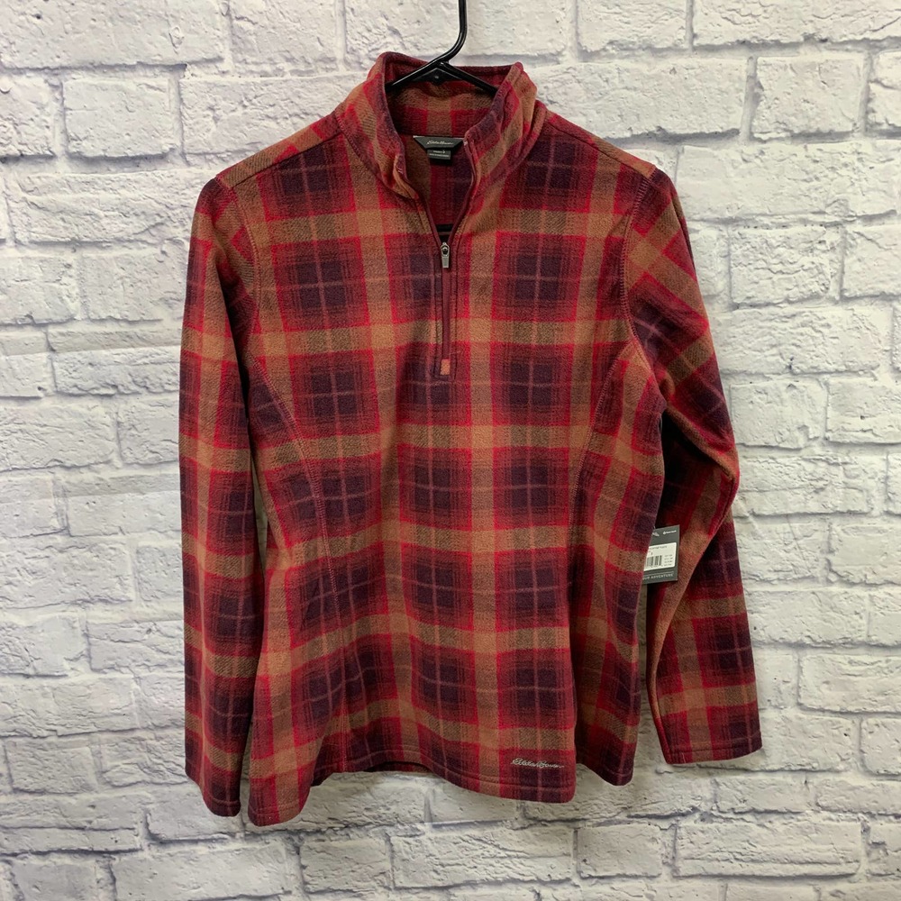 NWT Eddie Bauer Plaid Fast Zip Fleece Pink/Purple 1/4 Zip Redwood Size Small